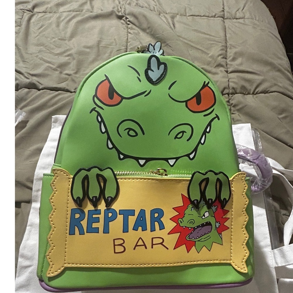 Nickelodeon Loungefly Rugrat Reptar Mini Backpack Green Purple Movable Tail NEW
